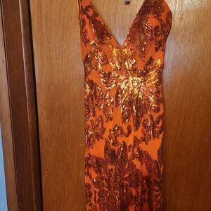 Orange Sequin V-Neck Evening Dress